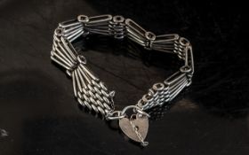 Vintage Silver Gate Bracelet of Fancy Design - Heart Shaped Clasp. Solid Silver of Lovely Design, 6.