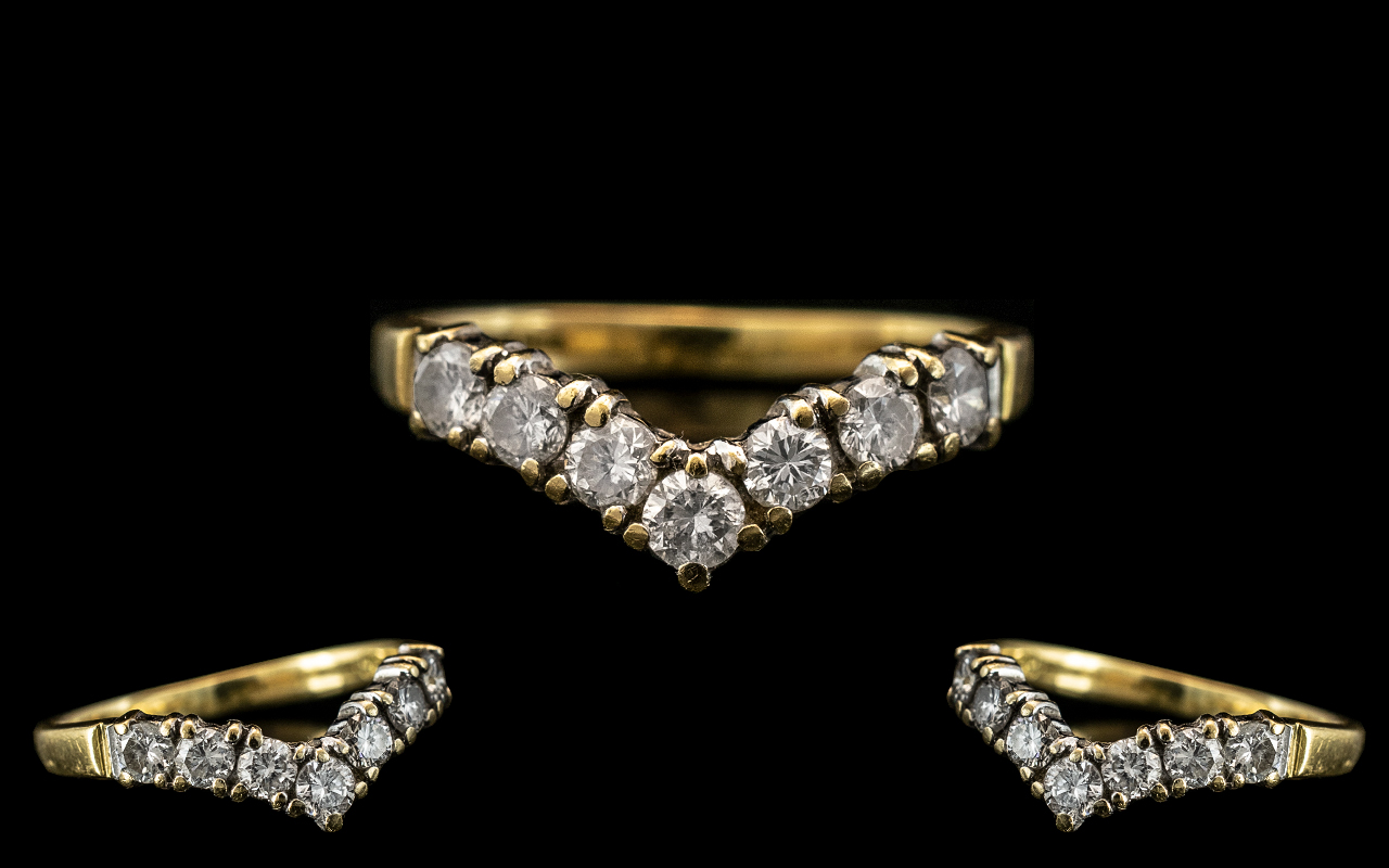 18ct Gold - Excellent Quality Seven Stone Diamond Set Wishbone Ring.