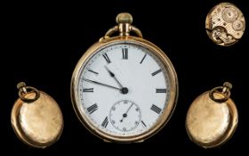 14ct Gold - Keyless Open Faced Pocket Watch. Back Cover and Case 14ct, Dust Plate Not Gold.