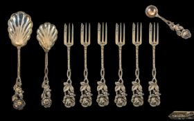 Chinese - Set of Six Naturalistic Sterling Silver Fruit Forks with Floral Stems and Top.