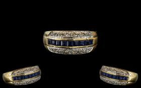 Ladies - Contemporary Designed 9ct Gold Diamond and Blue Sapphire Set Dress Ring. Fully Hallmarked