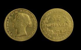 Queen Victoria Young Head - Australia 22ct Gold Half Sovereign - Date 1859.