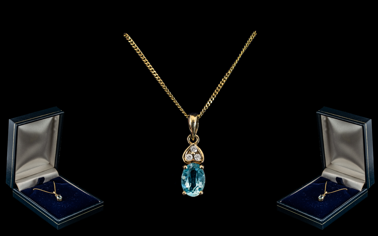 Ladies - Nice Quality Diamond and Aquamarine Set Pendant Drop, With Attached 9ct Gold Chain.