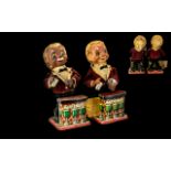 Japanese 1950's Pair of Novelty Smoking Bartender Battery Operated Automaton Tin Toys ( 2 ) With