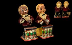 Japanese 1950's Pair of Novelty Smoking Bartender Battery Operated Automaton Tin Toys ( 2 ) With