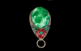Large Chinese Silver and Enamel Pendant with Large Jadet Effect to Centre.