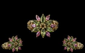 Ladies 9ct Gold - Attractive and Nice Quality Peridot and Amethyst Set Cluster Ring,