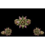 Ladies 9ct Gold - Attractive and Nice Quality Peridot and Amethyst Set Cluster Ring,