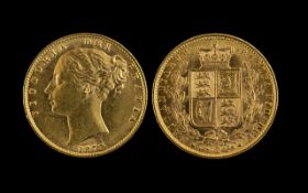 Queen Victoria 22ct Gold - Shield Back Young Head Full Sovereign - Date 1873.