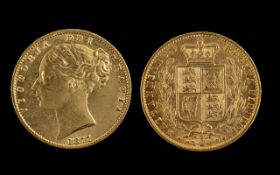 Queen Victoria 22ct Gold Shield Back - Young Head Full Sovereign - Date 1877. Sydney Mint.