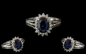 18ct White Gold - Nice Quality Sapphire and Diamond Set Cluster Ring, Flower head Design. Marked