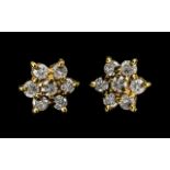 Ladies - Pair of 9ct Gold Attractive Diamond Set Earrings, Flower head Setting / Design.