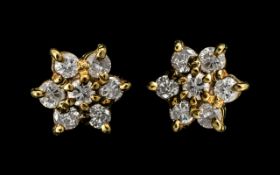 Ladies - Pair of 9ct Gold Attractive Diamond Set Earrings, Flower head Setting / Design.