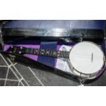 Maxitone Ukulele Banjo open backed, in fitted case. Overall length 21".