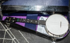 Maxitone Ukulele Banjo open backed, in fitted case. Overall length 21".