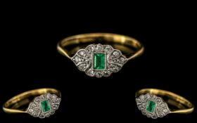 Art Deco Period 18ct Gold and Platinum Ladies Exquisite and Petite Diamond and Emerald Set Ring,