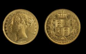Queen Victoria 22ct Gold - Shield Back Young Head Full Sovereign - Date 1852.