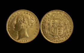 Queen Victoria 22ct Gold - Shield Back Young Head Full Sovereign - Date 1860.