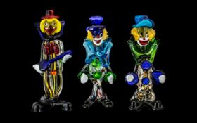 Murano - Fine Trio of Multi-Colour Glass Novelty Clown Figures. c.1960's. All Figures are In