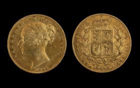 Queen Victoria - Scarce 22ct Gold Shield Back Young Head Full Sovereign - Date 1846.