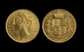 Queen Victoria 22ct Gold - Shield Back Young Head Full Sovereign - Date 1853.