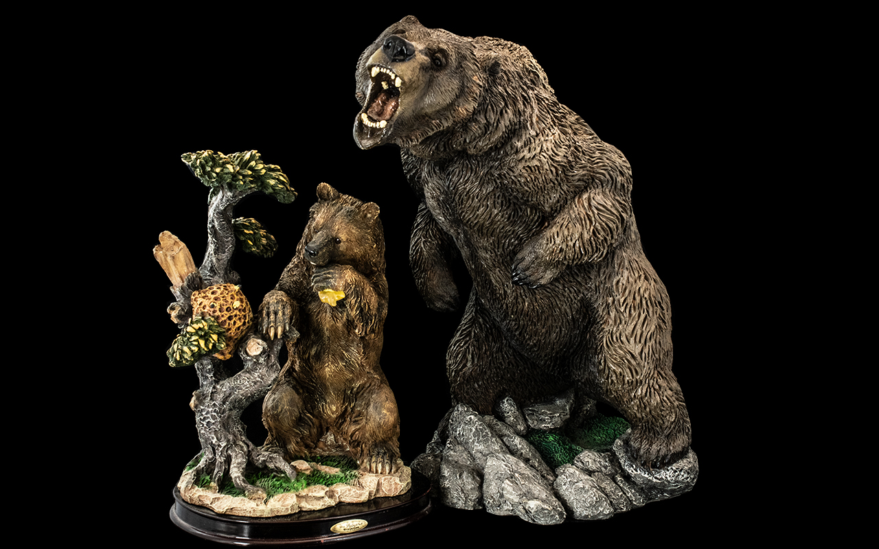 Two Decorative Ceramic Bear Figures, comprising a large Grizzly Bear in upright position,