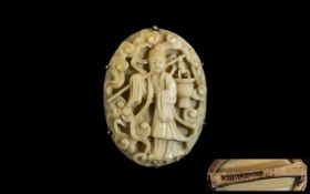 China - Sung - Silver Finely Carved Ivory Brooch of Oval Form.