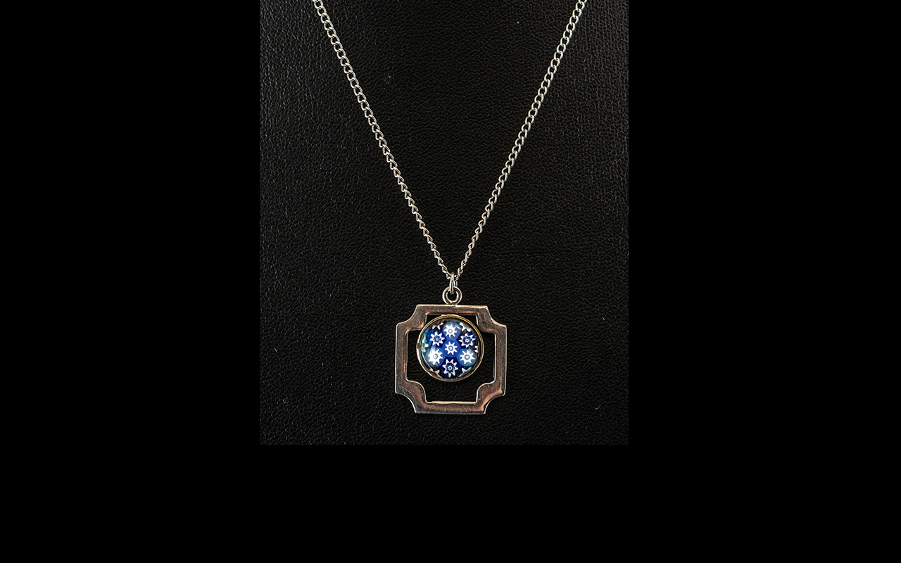 Scottish Millefiori Silver Pendant Suspended on Silver Necklace.