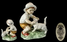 Royal Worcester - Early Hand Painted Figure ' Snowy ' White Shirt, Brown Tie and Shorts, Red Shoes.