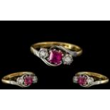 18ct Gold and Platinum Exquisite Diamond and Ruby Set 3 Stone Dress Ring.