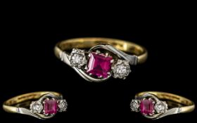 18ct Gold and Platinum Exquisite Diamond and Ruby Set 3 Stone Dress Ring.