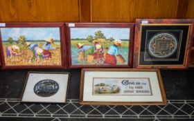 A Collection of Framed Pictures, to include Two Oil on Board Paintings of Corn Workers,