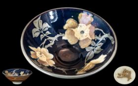 JCJ Pottery Lustre Ware Bowl in blue with pale gold and cream decoration of flowers inside,