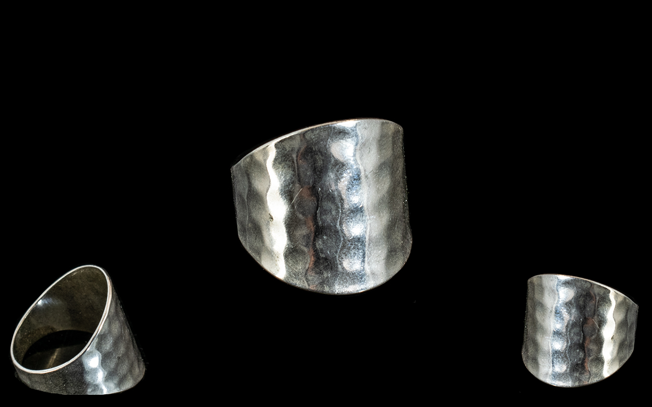 Contemporary Planished Silver Designer Ring. Lovely Contemporary Large Silver Ring of Lovely Design.