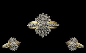 18ct Gold - Attractive Diamond Set Cluster Ring - Excellent Design, Full Hallmark to Interior of