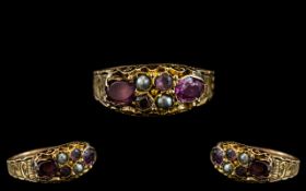 Victorian Period - Attractive 15ct Gold Amethyst and Pearl Set Posy Ring, Closed Back.