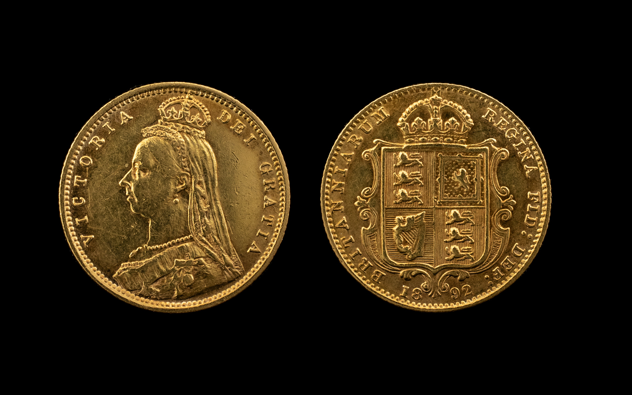 Queen Elizabeth 22ct Gold - Jubilee Head Shield Back Half Sovereign - Date 1892. London Mint -