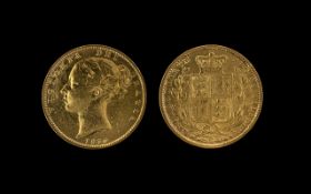 Queen Victoria 22ct Gold - Young Head Shield Back Full Sovereign - Date 1850.