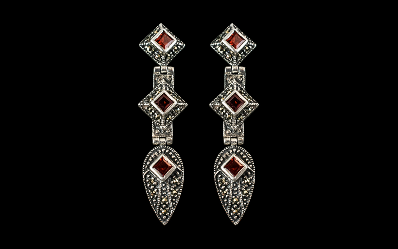 Bespoke Silver and Marcasite Earring Set with Garnets. Lovely Drop Earring of Large Design, Maker N.