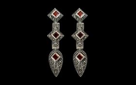 Bespoke Silver and Marcasite Earring Set with Garnets. Lovely Drop Earring of Large Design, Maker N.