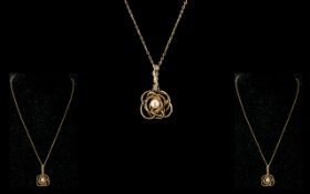 9ct Gold Pendant of Unusual Design, With Pearl to Centre, Suspended on 9ct Gold Necklace. Nice
