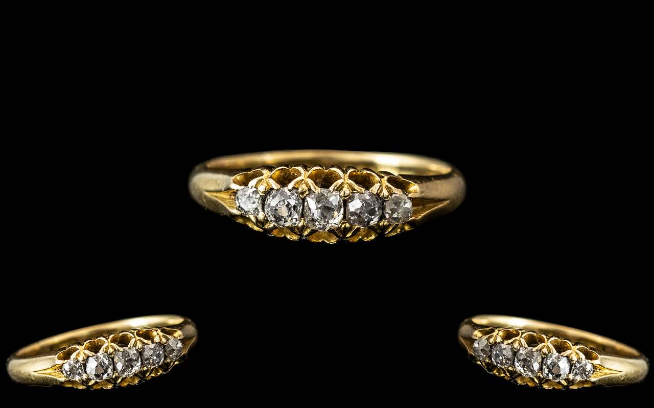 Antique Period - 18ct Gold Attractive 5 Stone Diamond Set Ring, Gallery Setting. Marked 18ct to