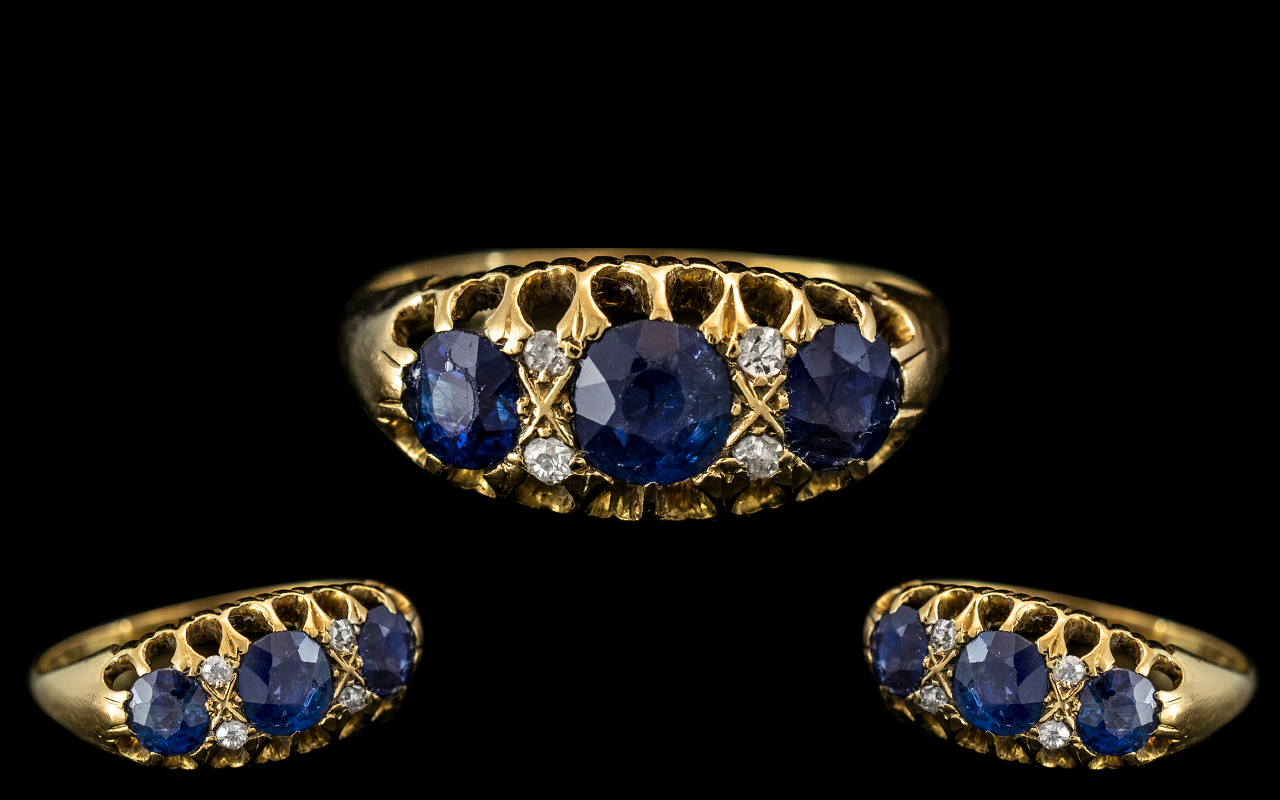 Edwardian Period - Attractive Ladies 18ct Gold Sapphire and Diamond Set Ring, Gallery Setting.