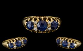Edwardian Period - Attractive Ladies 18ct Gold Sapphire and Diamond Set Ring, Gallery Setting.