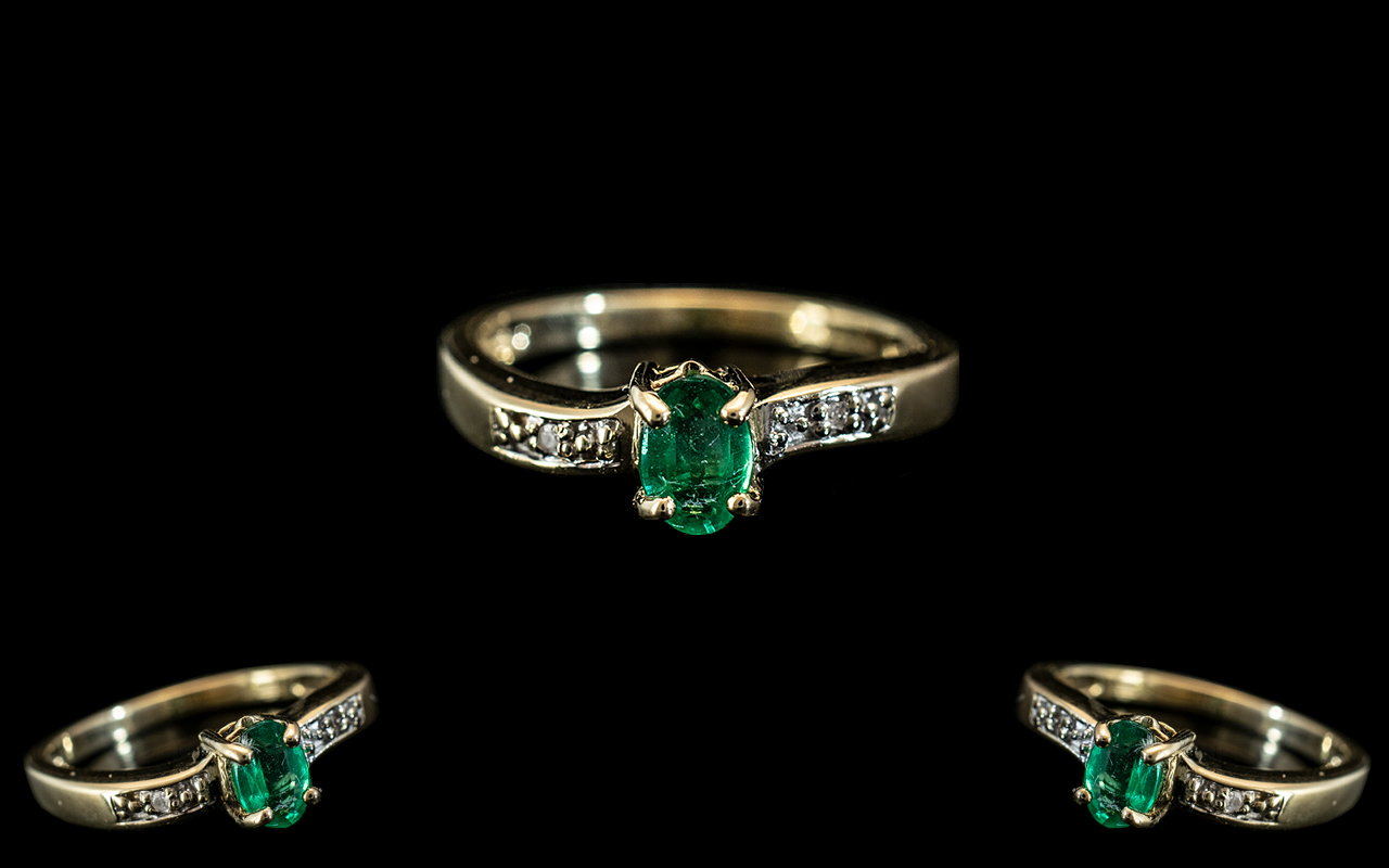 Ladies 9ct Gold - Attractive Emerald and Diamond Set Dress Ring. Full Hallmark for 9.375 to Interior