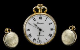 Time Master Open Faced Pocket Watch white enamel dial with Roman numerals, centre seconds,