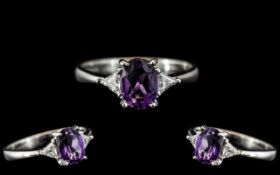 Platinum - Good Quality and Attractive Diamond and Amethyst Set Dress Ring.