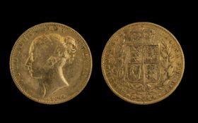 Queen Victoria - Scarce 22ct Gold Shield Back Young Head Full Sovereign - Date 1845.