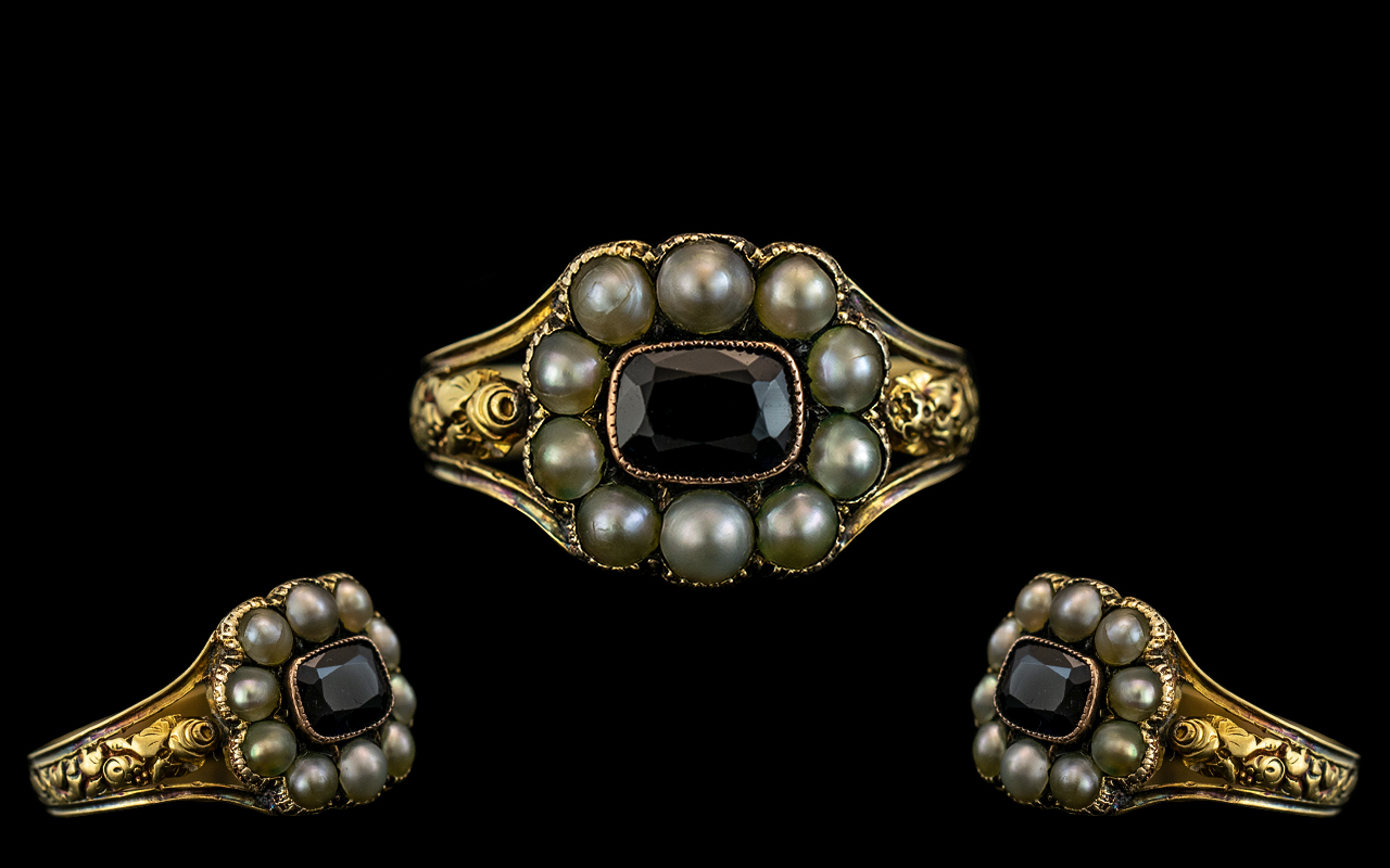 Georgian Period - Attractive 12 ct Gold Garnet and Pearl Set Posy Ring,