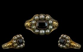 Georgian Period - Attractive 12 ct Gold Garnet and Pearl Set Posy Ring,
